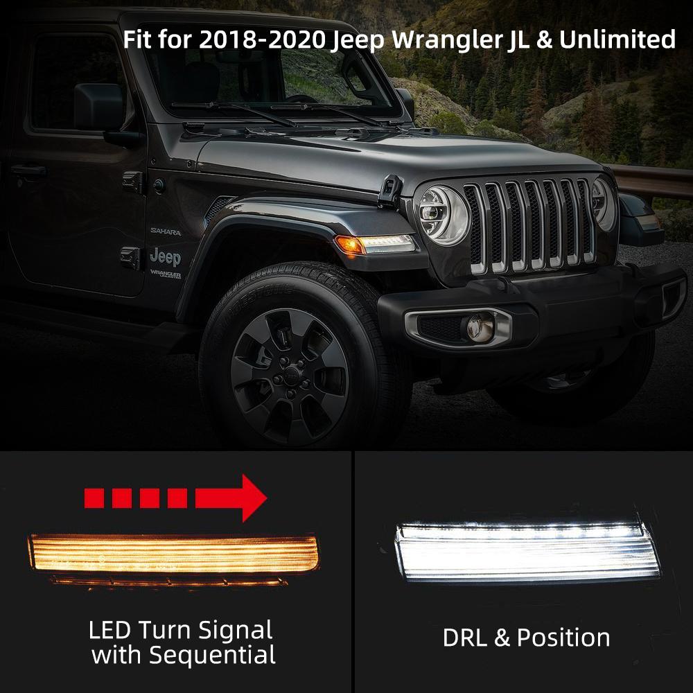 Clear LED Fender Daytime Running Turn Signal Lights for 2018-2022 Jeep Wrangler JL