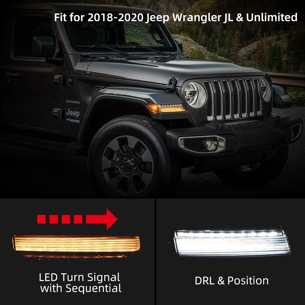 Smoked LED Fender Daytime Running Turn Signal Lights for 2018-2022 Jeep Wrangler JL