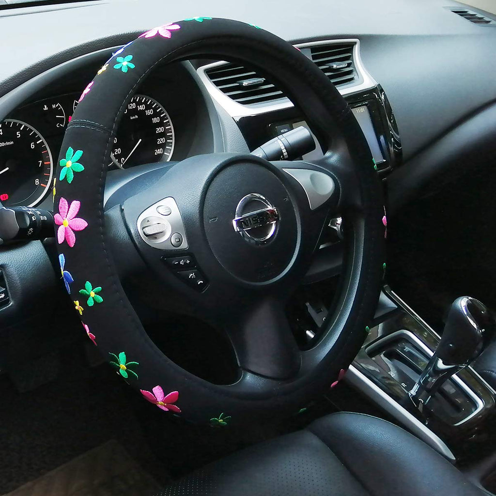 Embroidery Flowers Steering Wheel Covers for Lady Women Universal 15 inches Steering Wheel by XBEEK