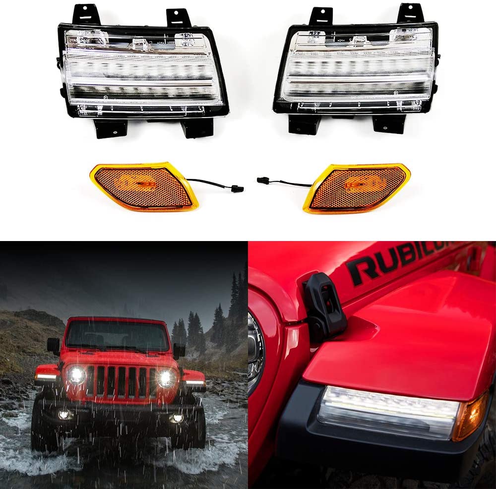 LED White DRL Amber Sequential Turn Signal with Front Fender Side Markers Wheel Eyebrow Light Kit for 2018-2020 Jeep Wrangler JL - Clear Lens (4PCS)